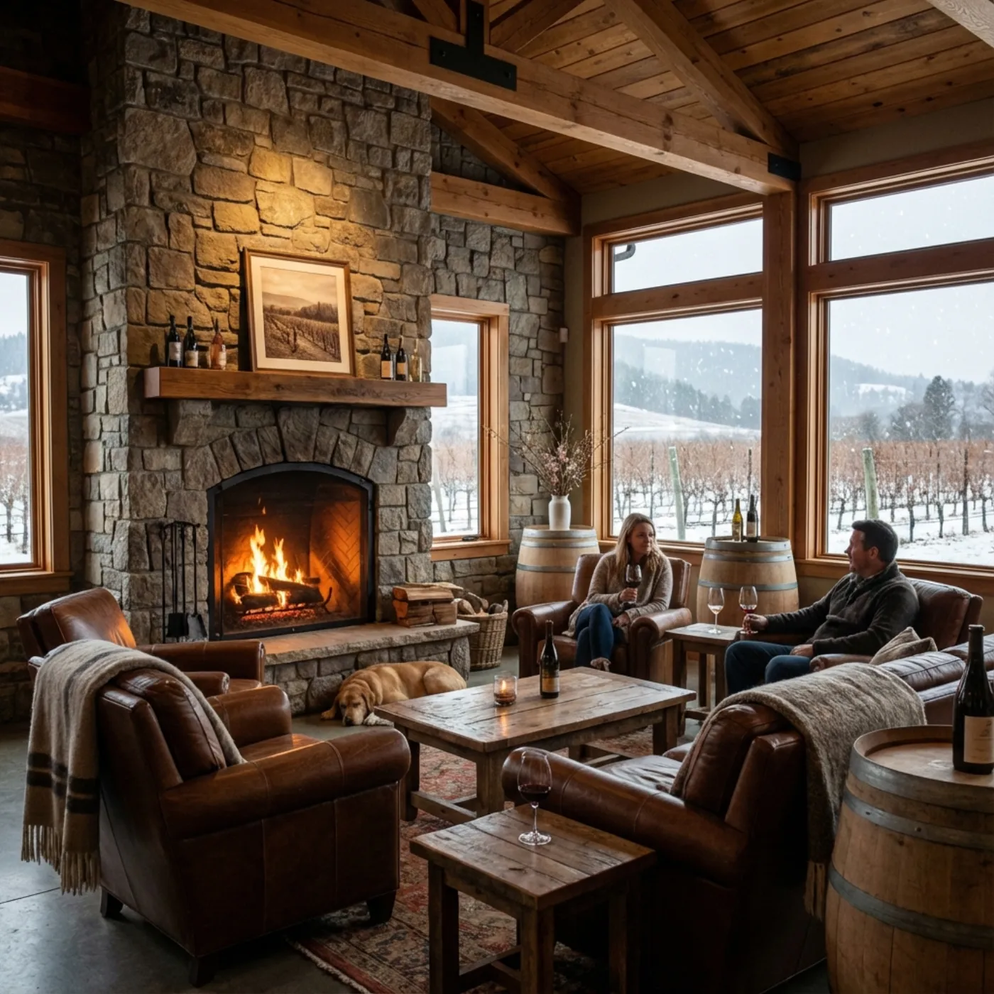 Cozy rustic winery interior with a fireplace and snow outside.
