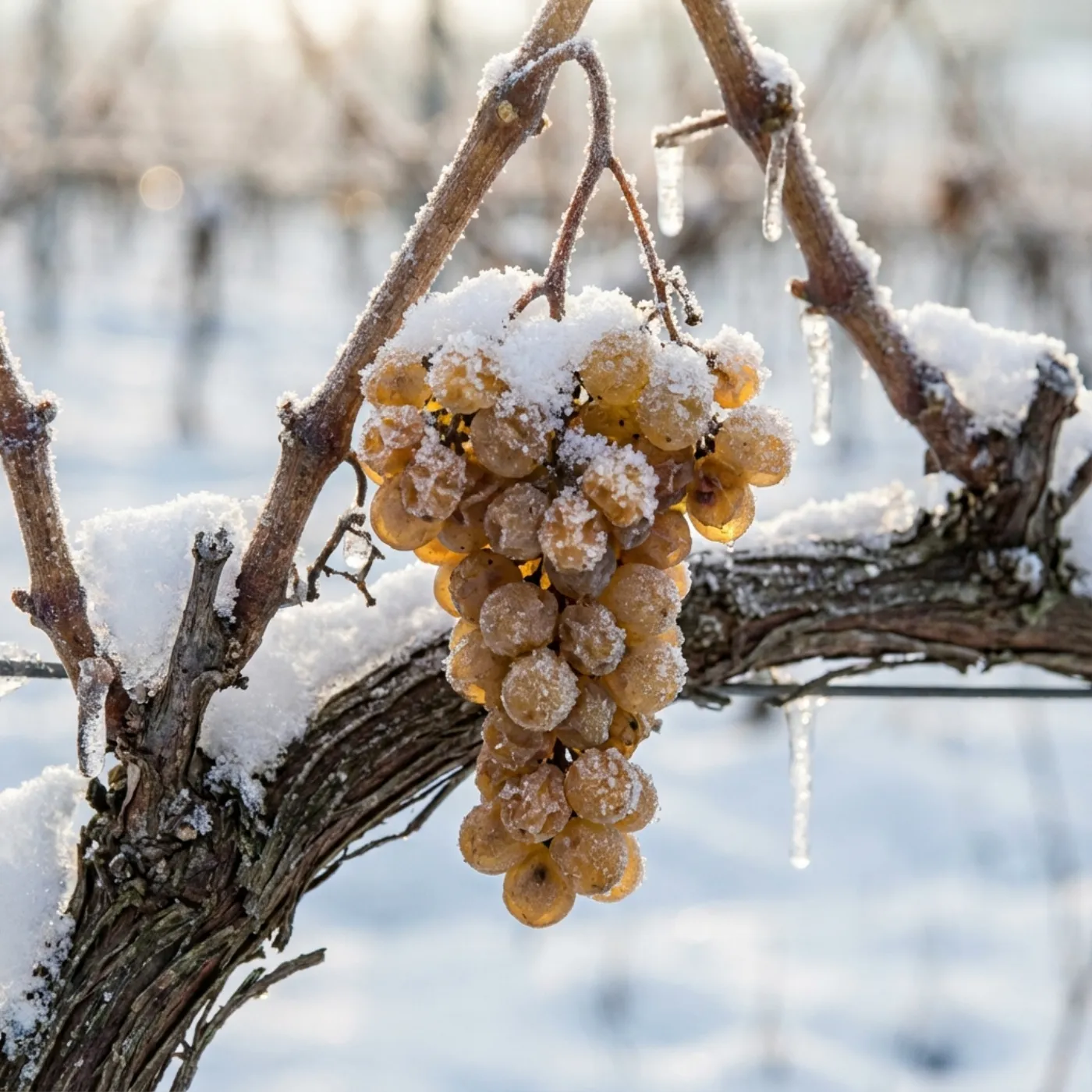 Frozen grapes on the vine during winter in Nova Scotia wine country.