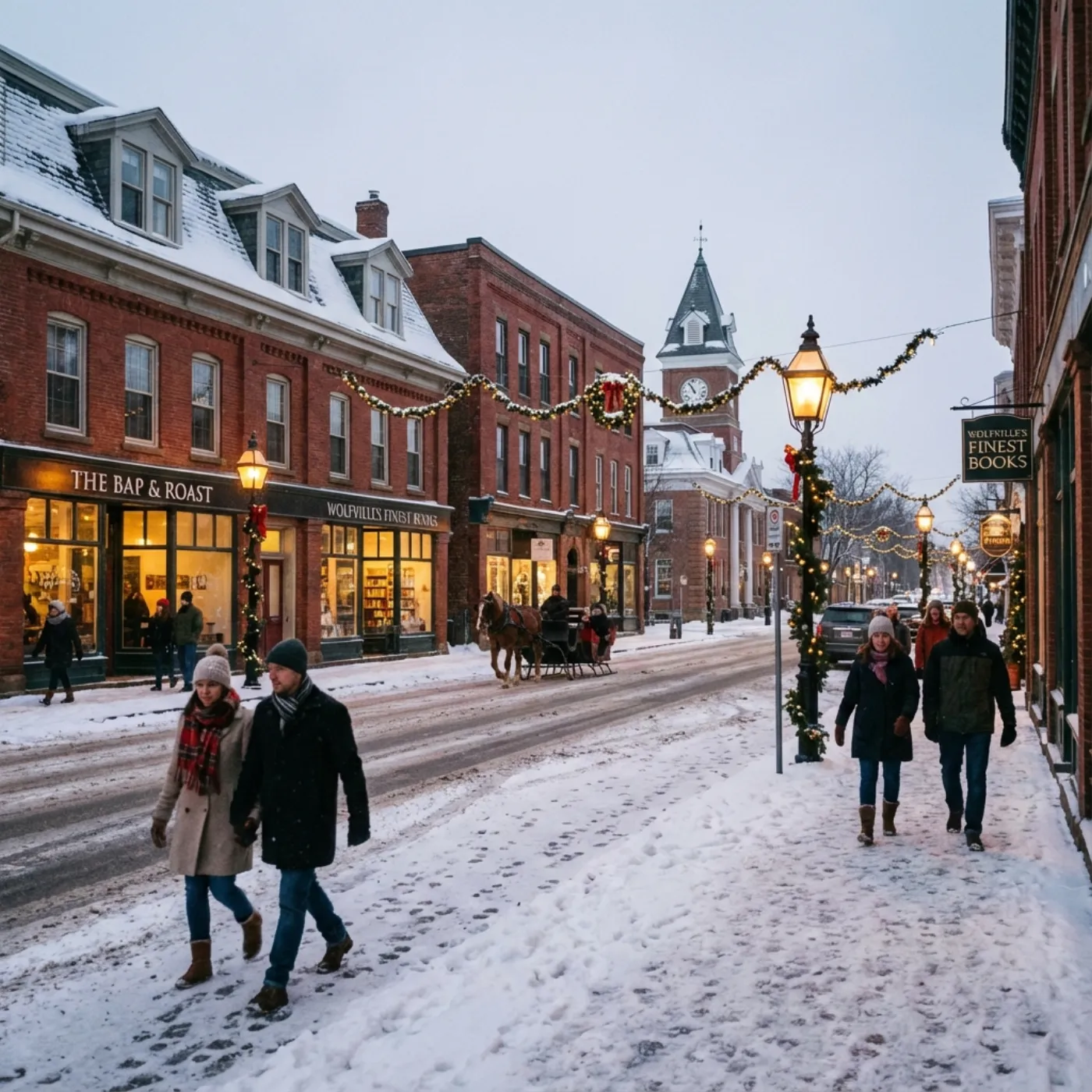 Downtown Wolfville street scene in winter with lights and local storefronts.