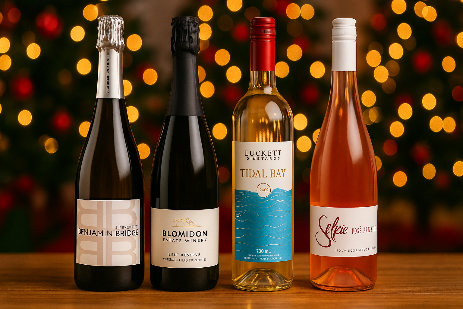 Festive holiday wine bottles arranged on a winter table.